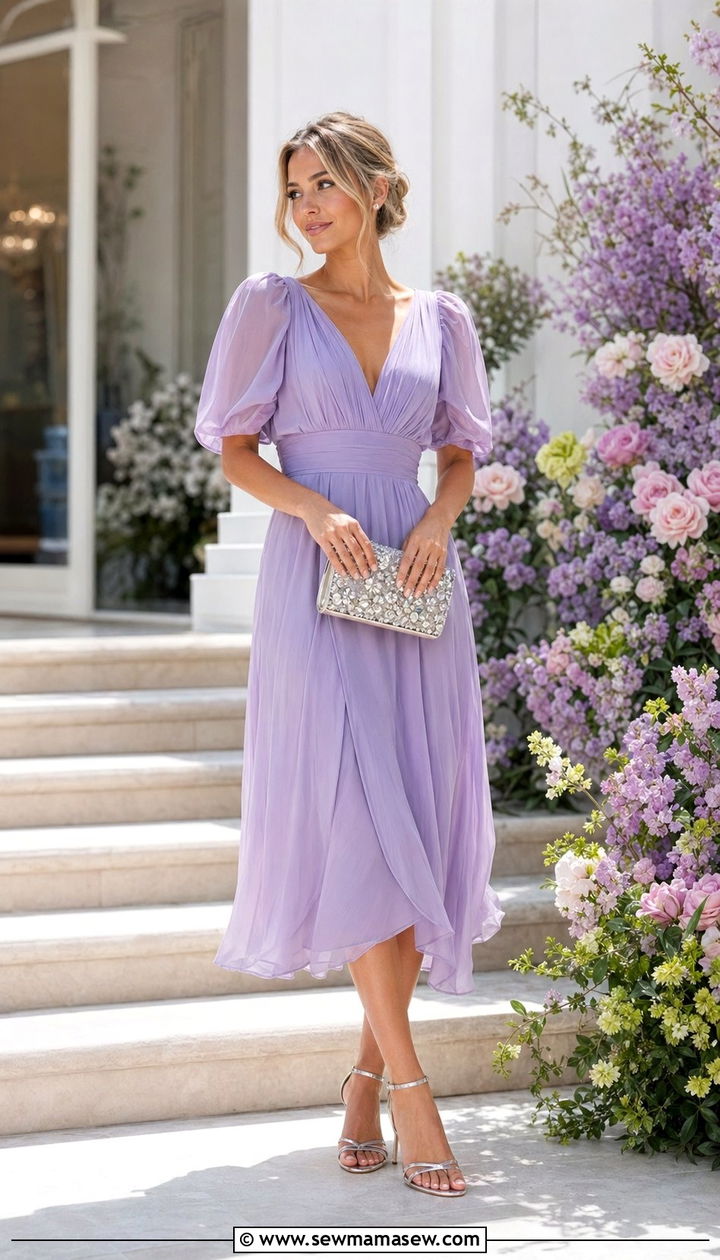 Lavender midi dress wedding guest outfit - 35 Quiet luxury outfit ideas for wedding guest