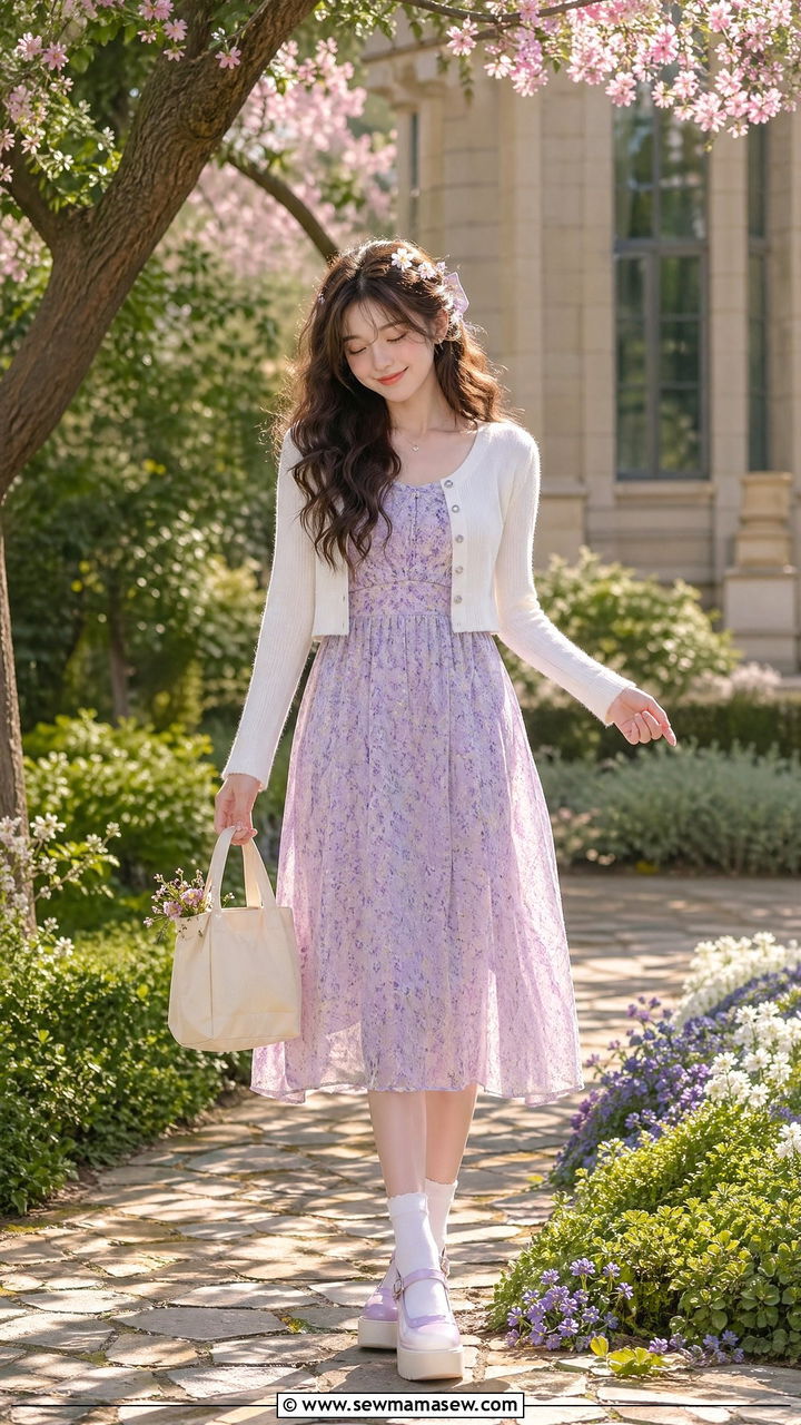 Lavender midi dress with cropped cardigan outfit - 35 Spring outfits for school
