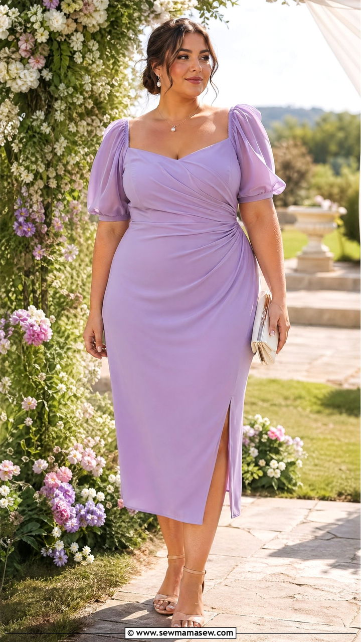 Lavender midi dress with puffed sleeves and pearl accents - 35 Wedding guest outfits for curvy women