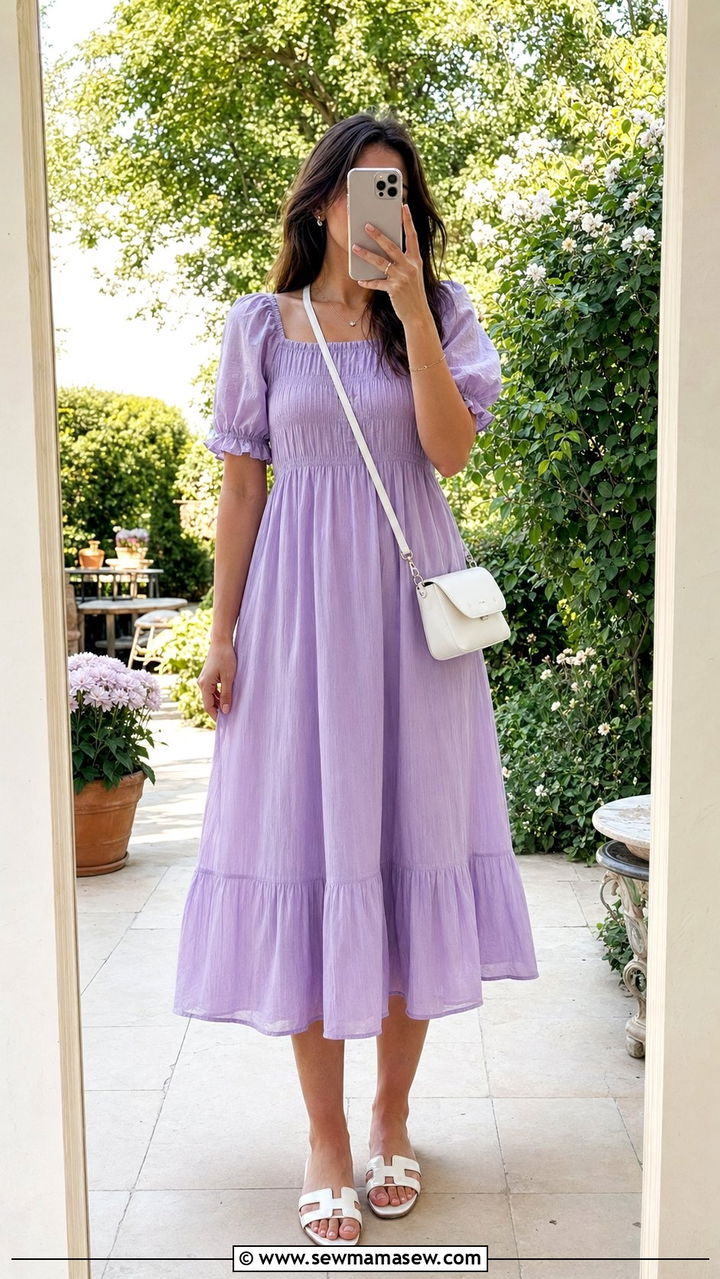 Lavender midi dress with white sandals - 35 Pastel summer outfits
