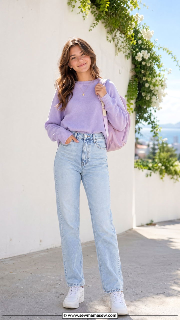 Lavender sweater with high waisted jeans outfit - 35 cute school outfits