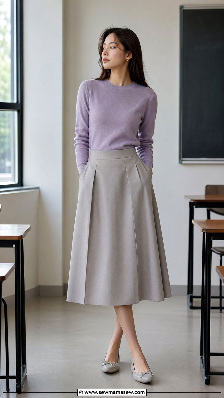 Lavender sweater with structured midi skirt and flats - 35 spring teacher outfit ideas