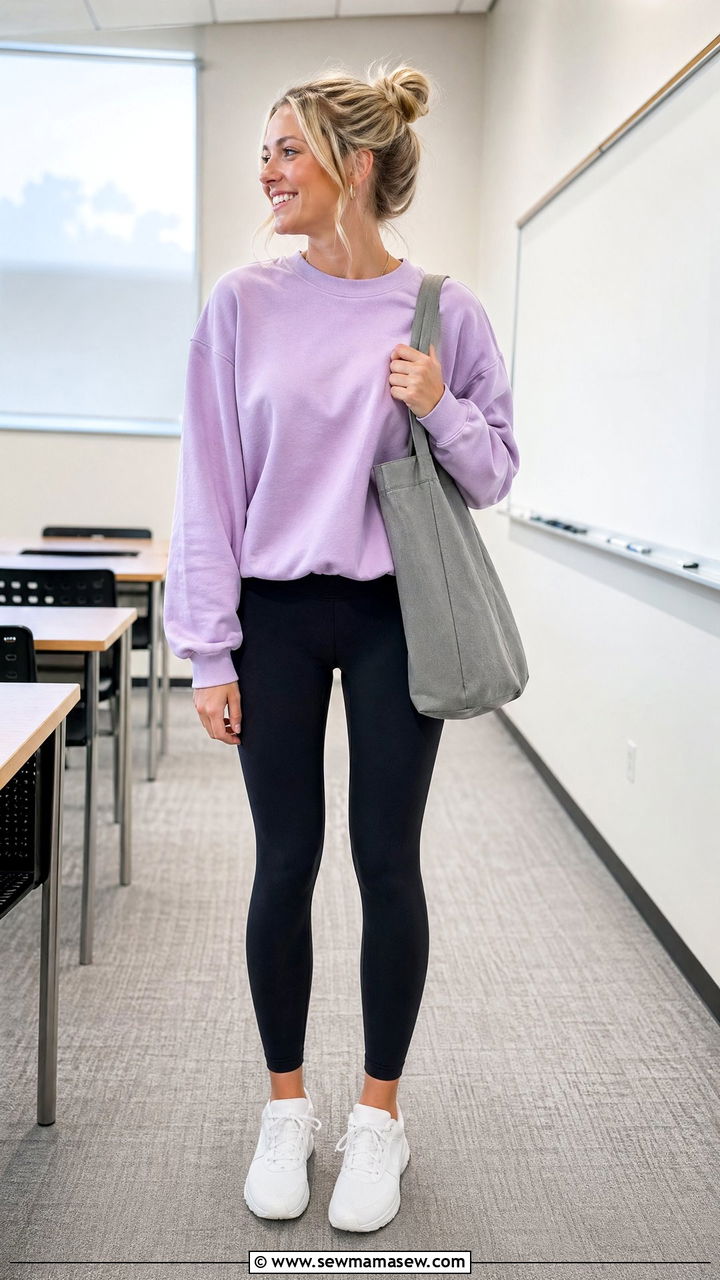 Lavender sweatshirt with black leggings outfit - 35 Spring outfits for school