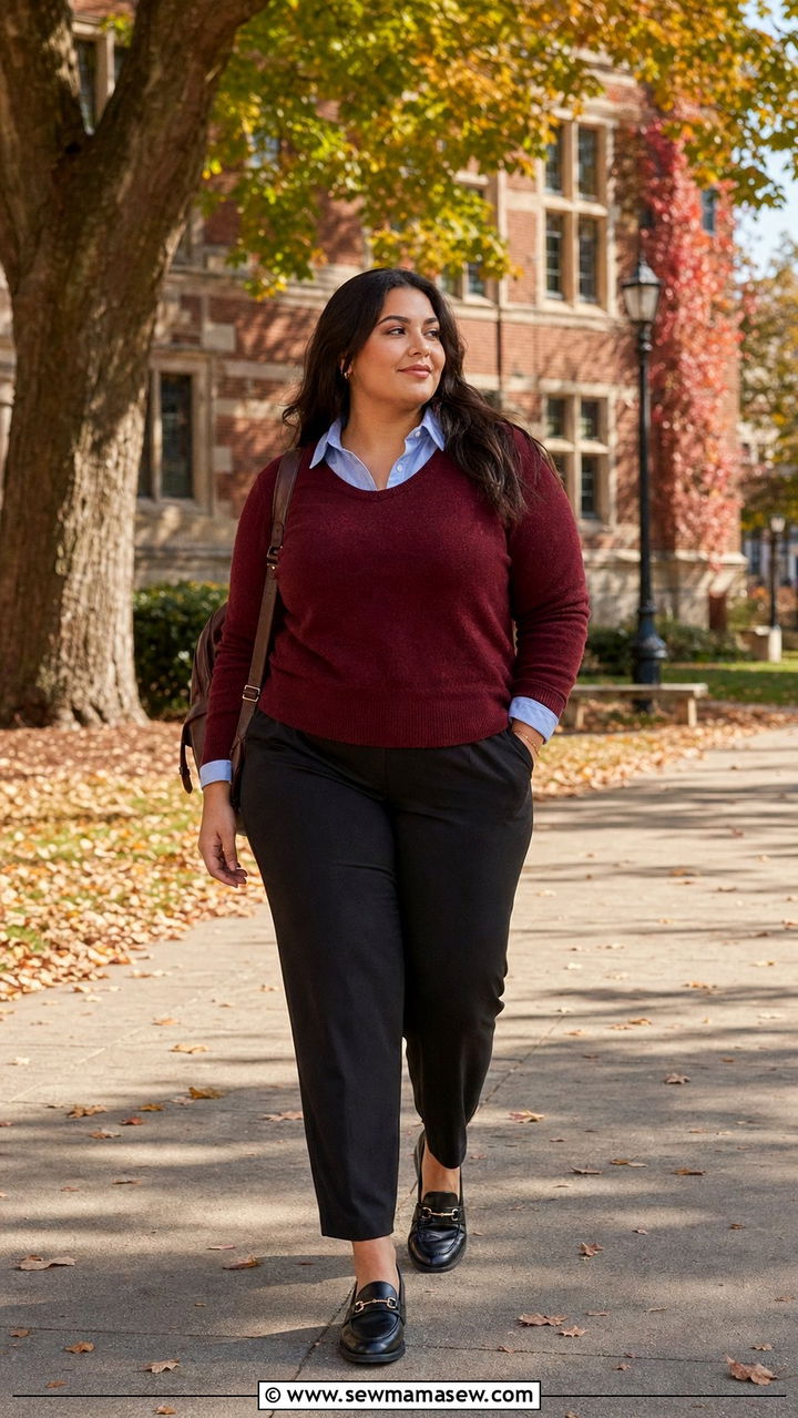 Layered Button Down with Sweater and Tailored Trousers - 35 outfit ideas for plus size women