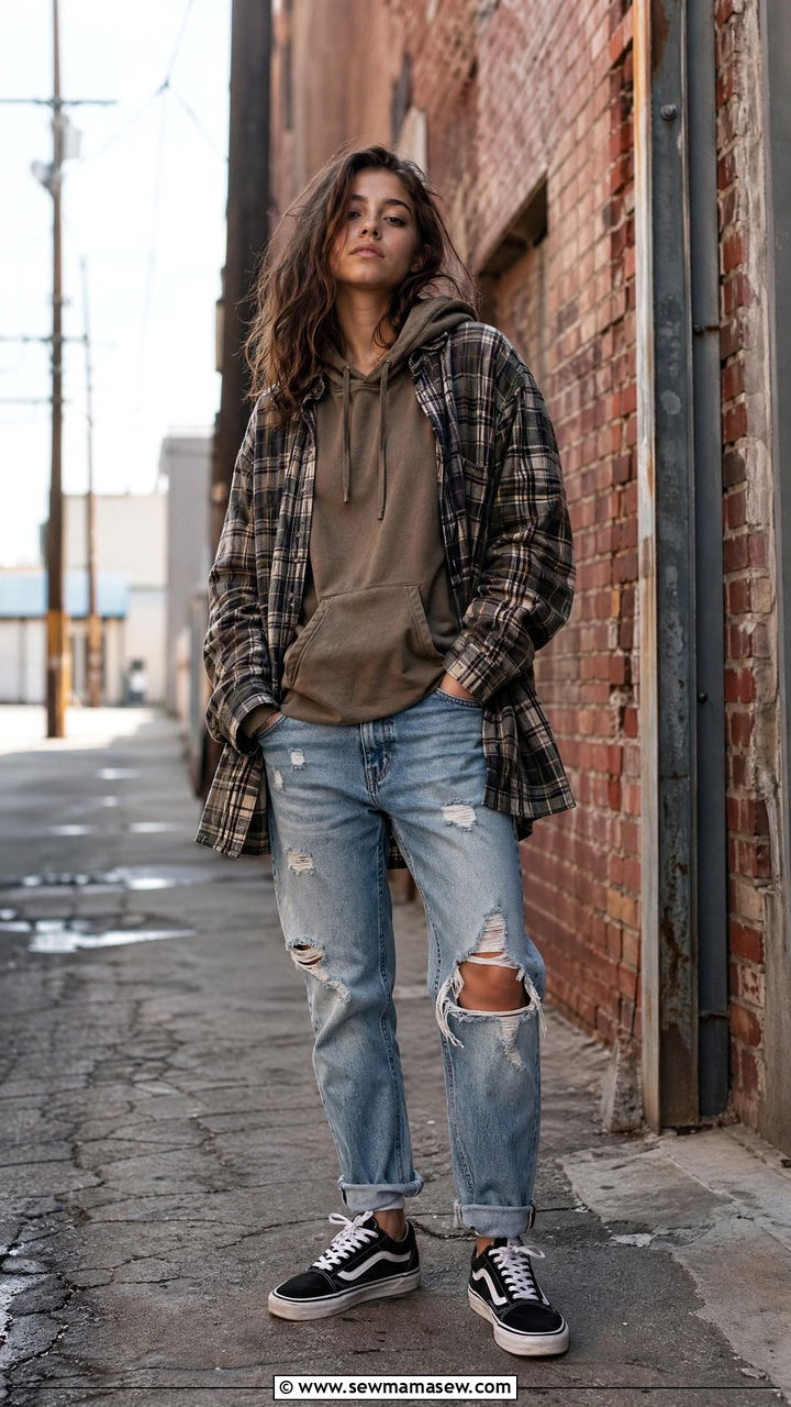 Layered Hoodie And Flannel With Distressed Jeans - 35 streetwear outfits