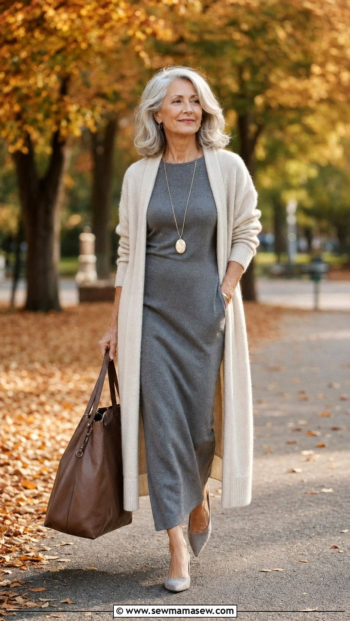 Layered cardigan over column dress - 35 Outfit ideas for women over 60