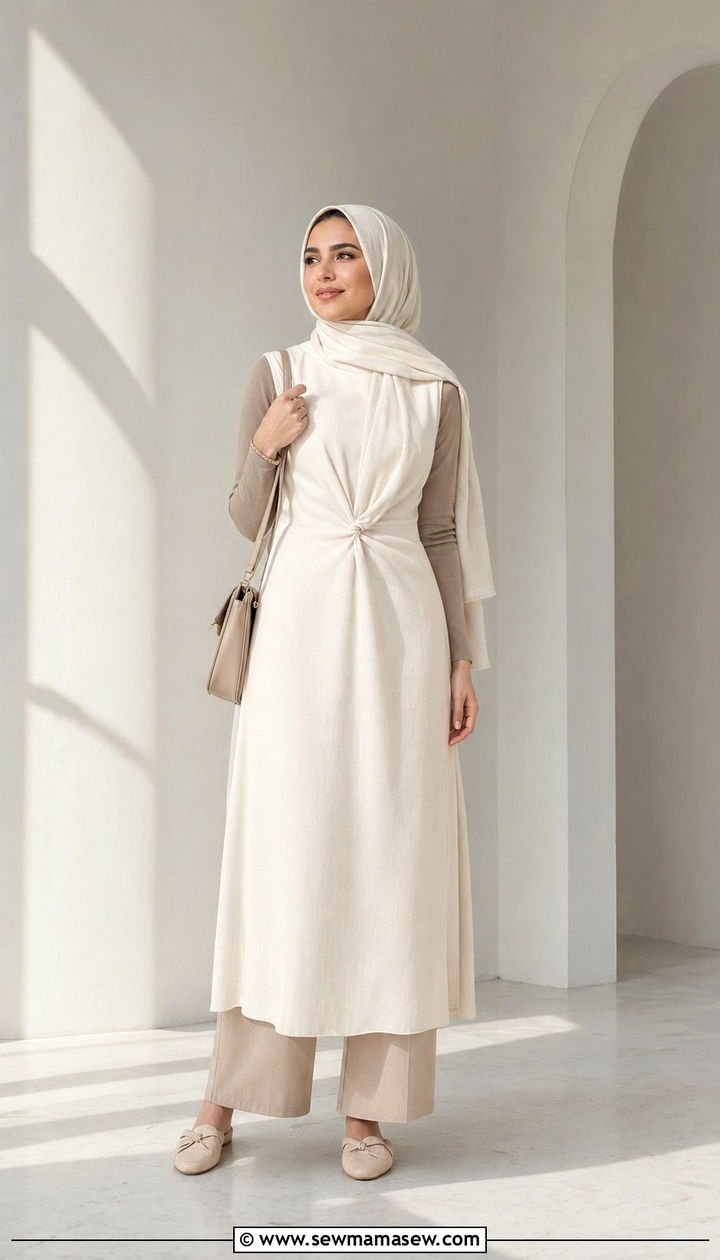 Layered dress worn over straight trousers - 35 Modest outfit ideas for Muslim women