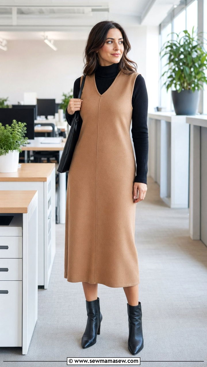 Layered turtleneck under sleeveless dress outfit - 35 Modest work outfit ideas