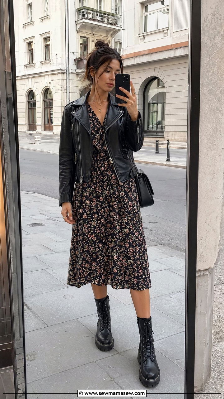 Leather Biker Jacket With Midi Dress And Combat Boots - 35 Warsaw outfit ideas