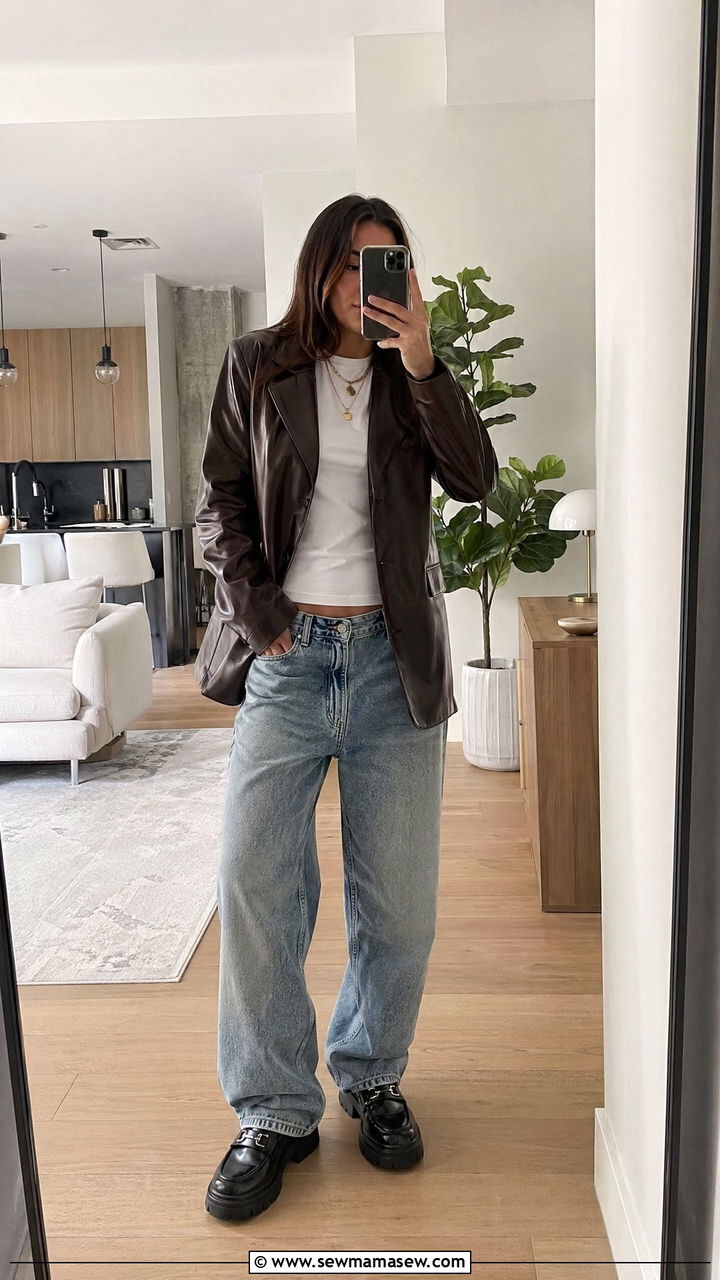 Leather Blazer Baggy Jeans And Chunky Loafers - 35 spring street style outfit ideas