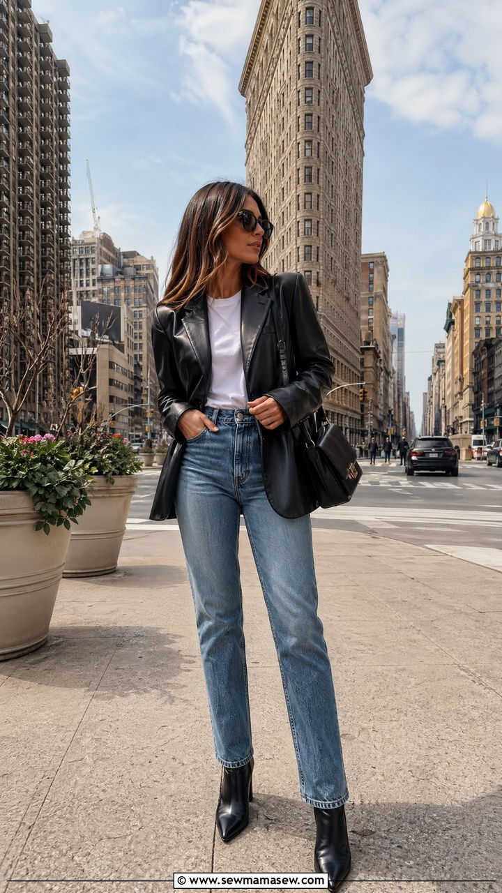 Leather Blazer With White Tee And Straight Leg Jeans - 35 Spring New York outfit ideas