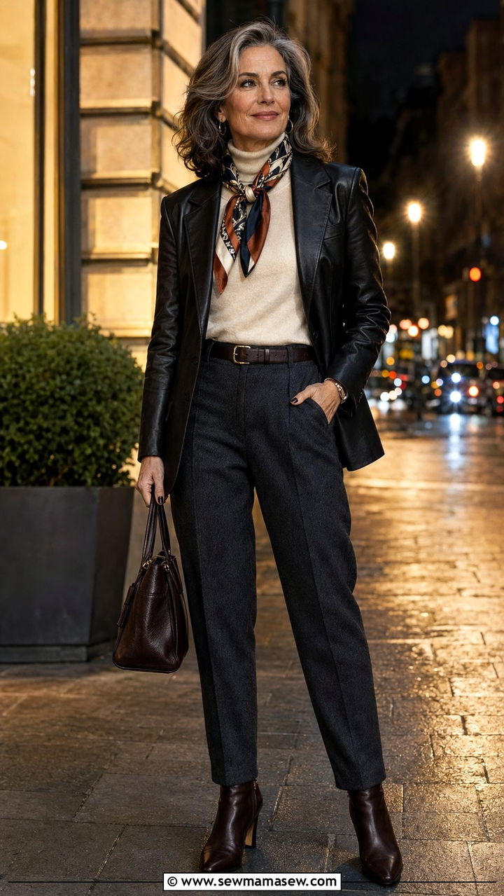 Leather Blazer with Wool Trousers and Scarf - 35 Old money outfit ideas for women over 40