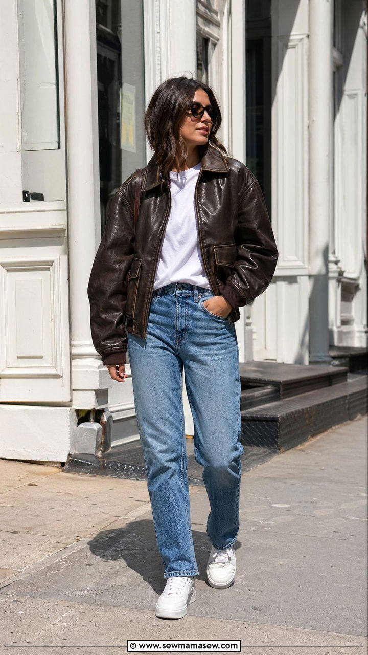 Leather Bomber Jacket With T Shirt And Straight Leg Jeans - 35 Windy spring outfits