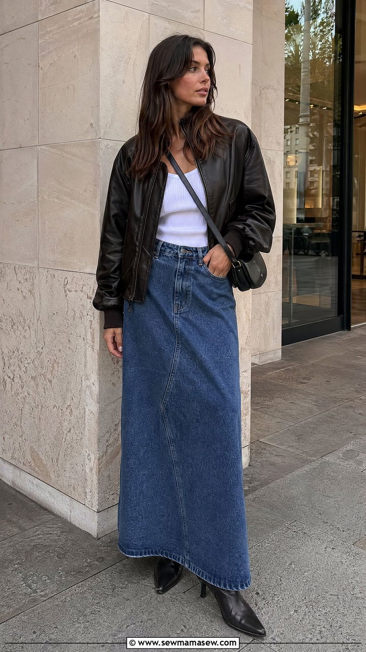 Leather Bomber Jacket With White Tank And Denim Maxi Skirt - 35 classy summer to fall outfits