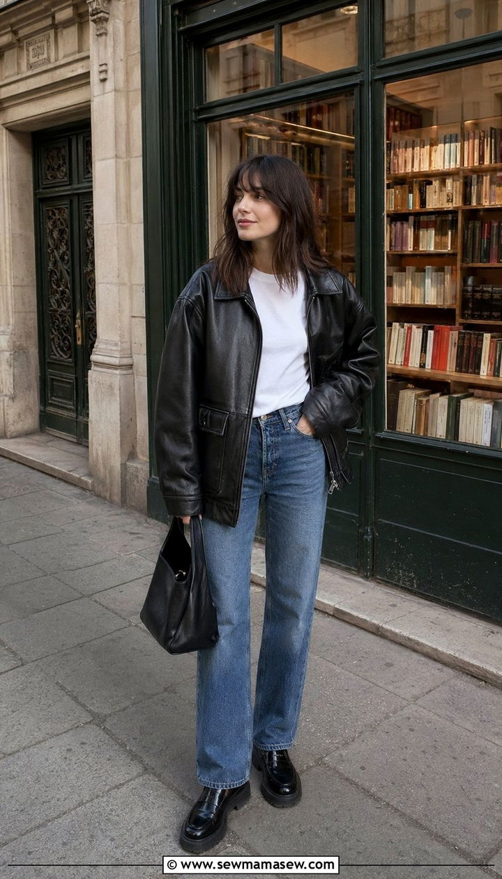 Leather Bomber Jacket and Straight Leg Denim Outfit - 35 Paris outfits 2026