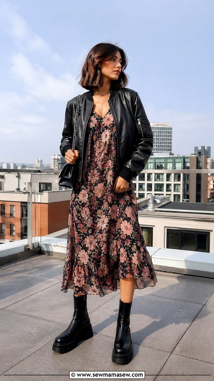 Leather Bomber and Flowy Midi Dress - 30 sporty chic outfits inspo