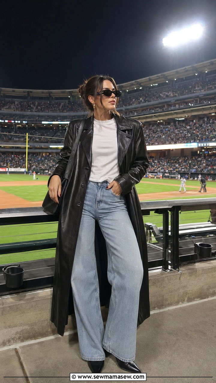 Leather Coat Over White Tee And Wide Leg Jeans - 30 Baseball game outfit ideas