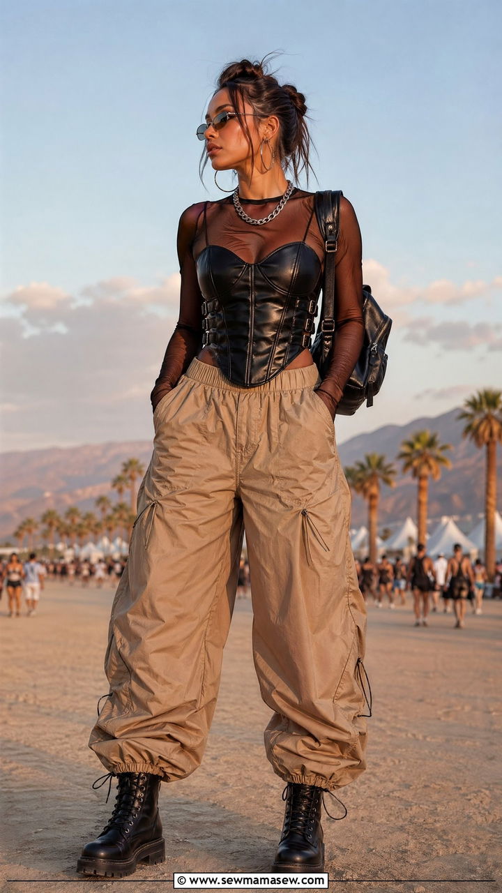 Leather Corset Top with Parachute Pants and Combat Boots - 35 Coachella outfits for women