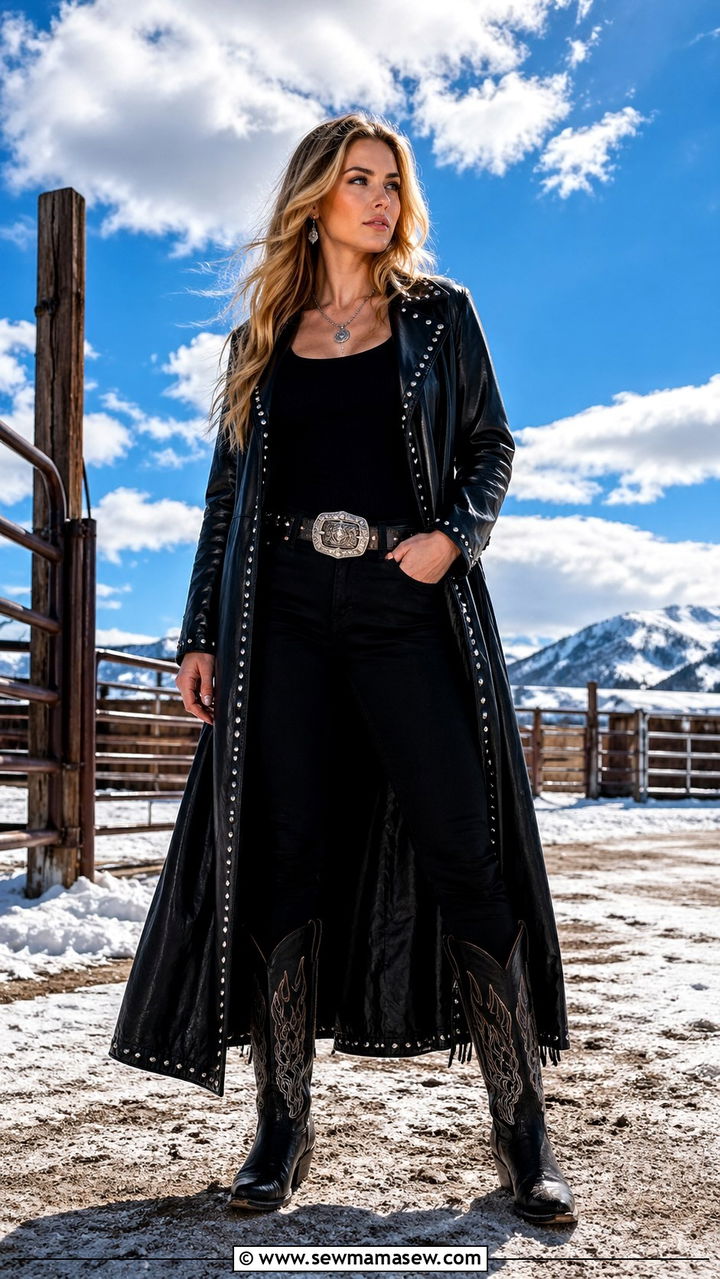 Leather Duster With Studded Black Jeans - 30 Rodeo outfit ideas for women 2026