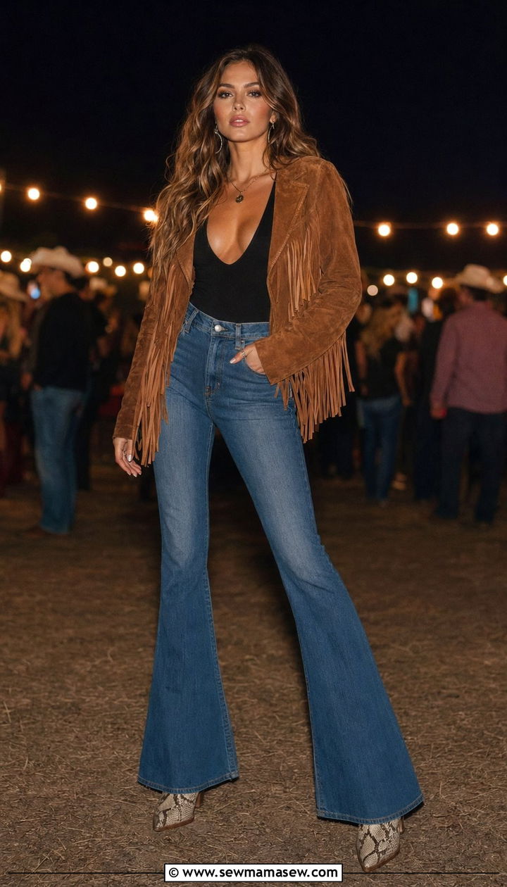 Leather Fringe Jacket and Bell Bottoms with Snakeskin Boots - 35 Rodeo outfit ideas for women