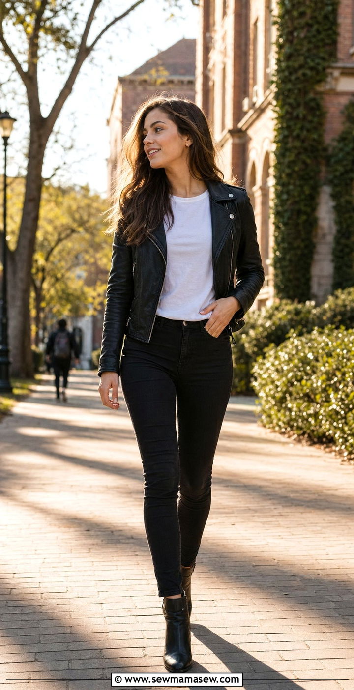 Leather Jacket And Black Jeans Outfit - 35 school outfits for women