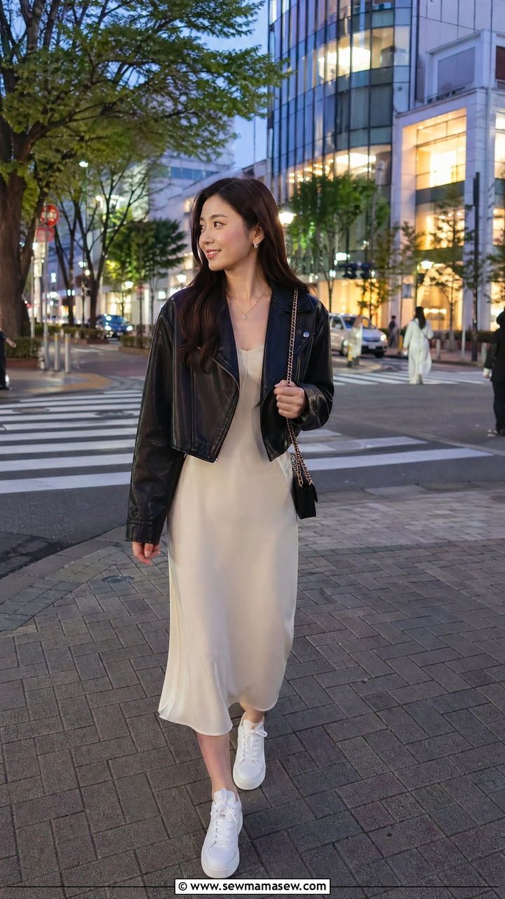 Leather Jacket And Cream Midi Dress Outfit Spring Japan - 35 Spring Japan outfit ideas