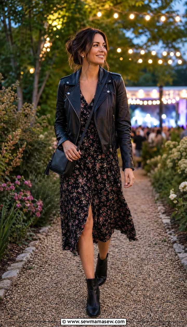 Leather Jacket And Floral Dress For A Concert - 30 What to wear to a concert over 40