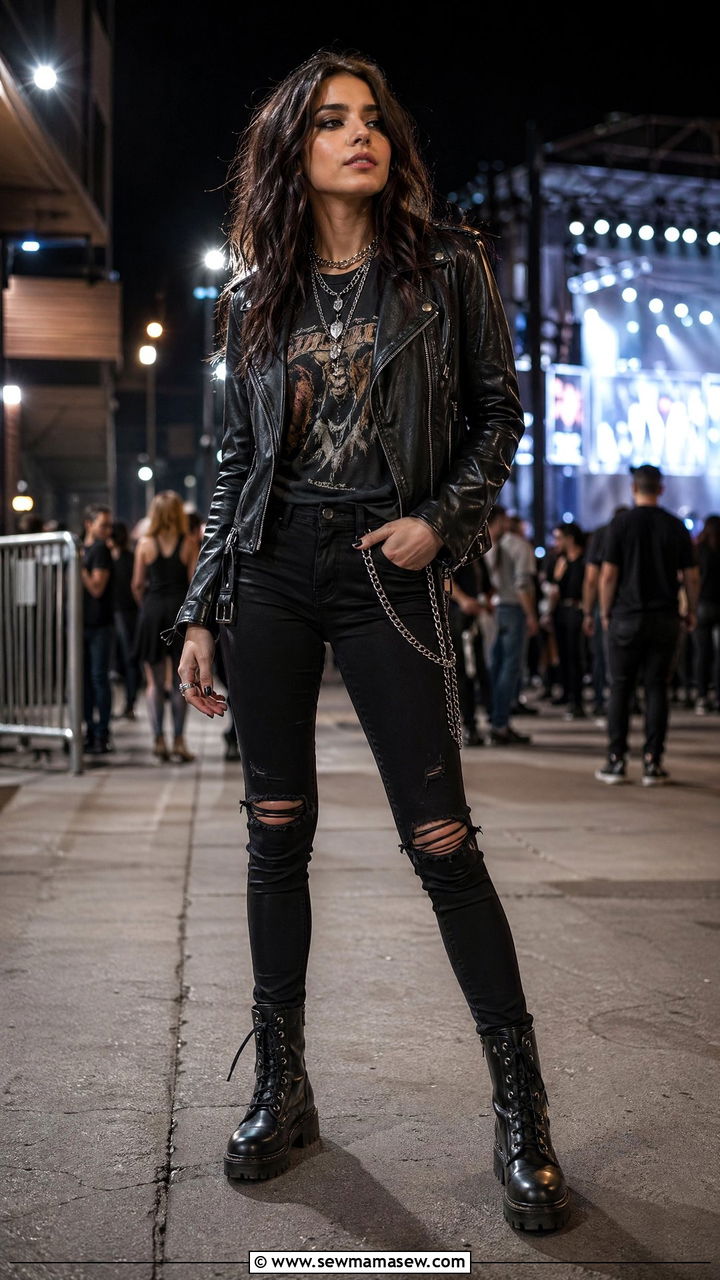 Leather Jacket Band Tee And Ripped Black Jeans - 35 concert outfits ideas