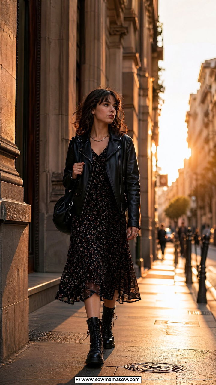 Leather Jacket Outfit With Midi Dress And Combat Boots - 35 Dark academia outfit ideas