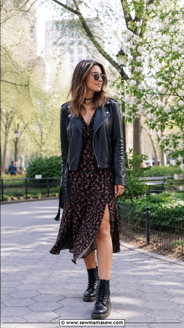Leather Jacket Over Floral Dress Spring Outfit - 30 spring grunge outfits