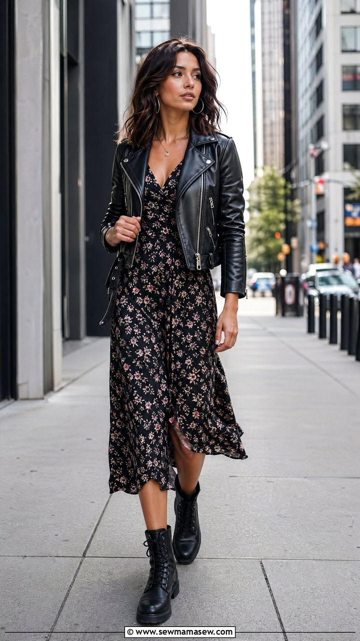 Leather Jacket Over Midi Dress With Combat Boots - 35 Cover up dress outfit ideas