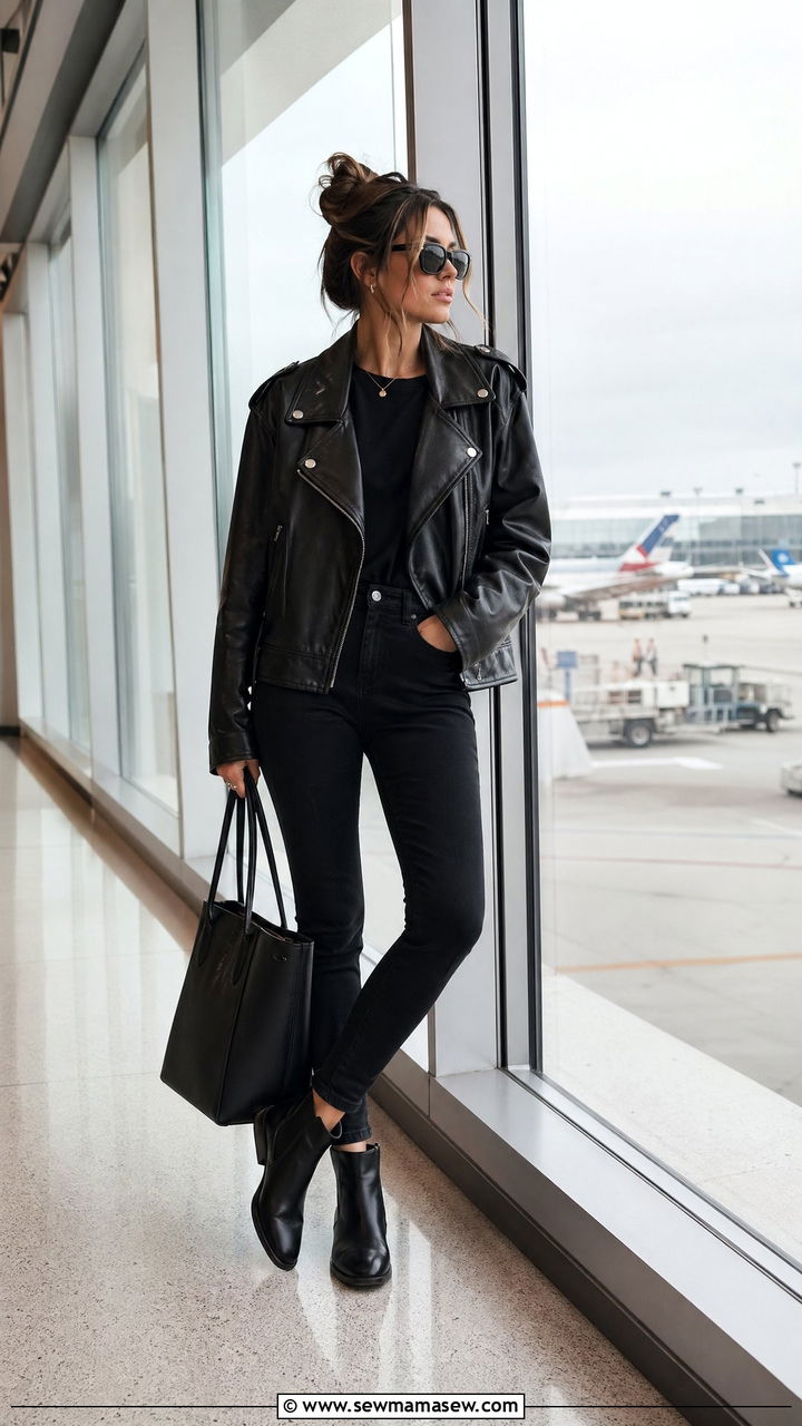 Leather Jacket With Black Jeans And Ankle Boots - 40 Airport outfits for women