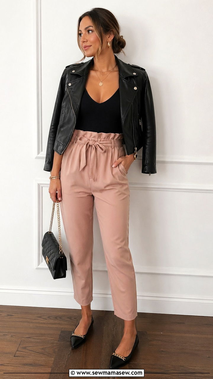 Leather Jacket With Bodysuit And Paperbag Waist Pants - 30 spring leather jacket outfit ideas