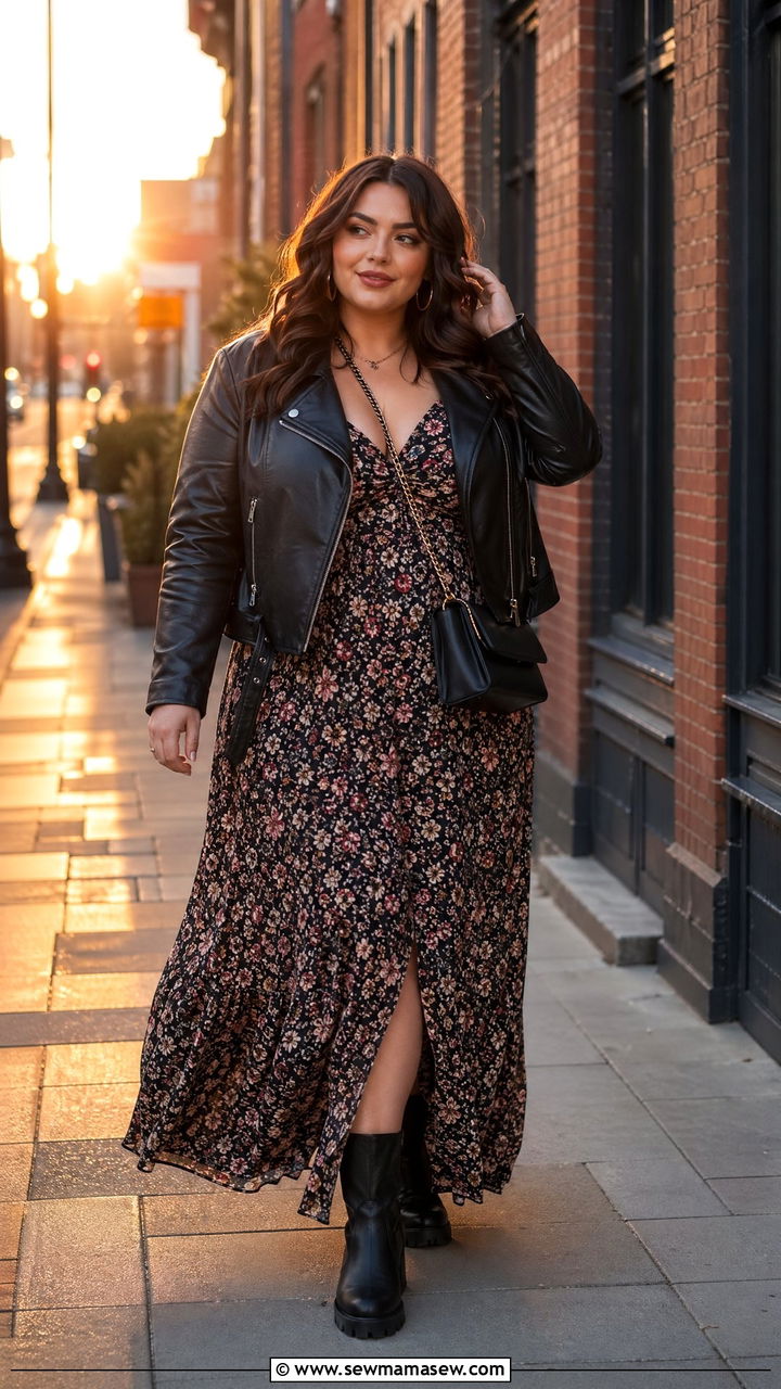 Leather Jacket With Floral Maxi Dress Outfit - 35 Spring capsule wardrobe plus size