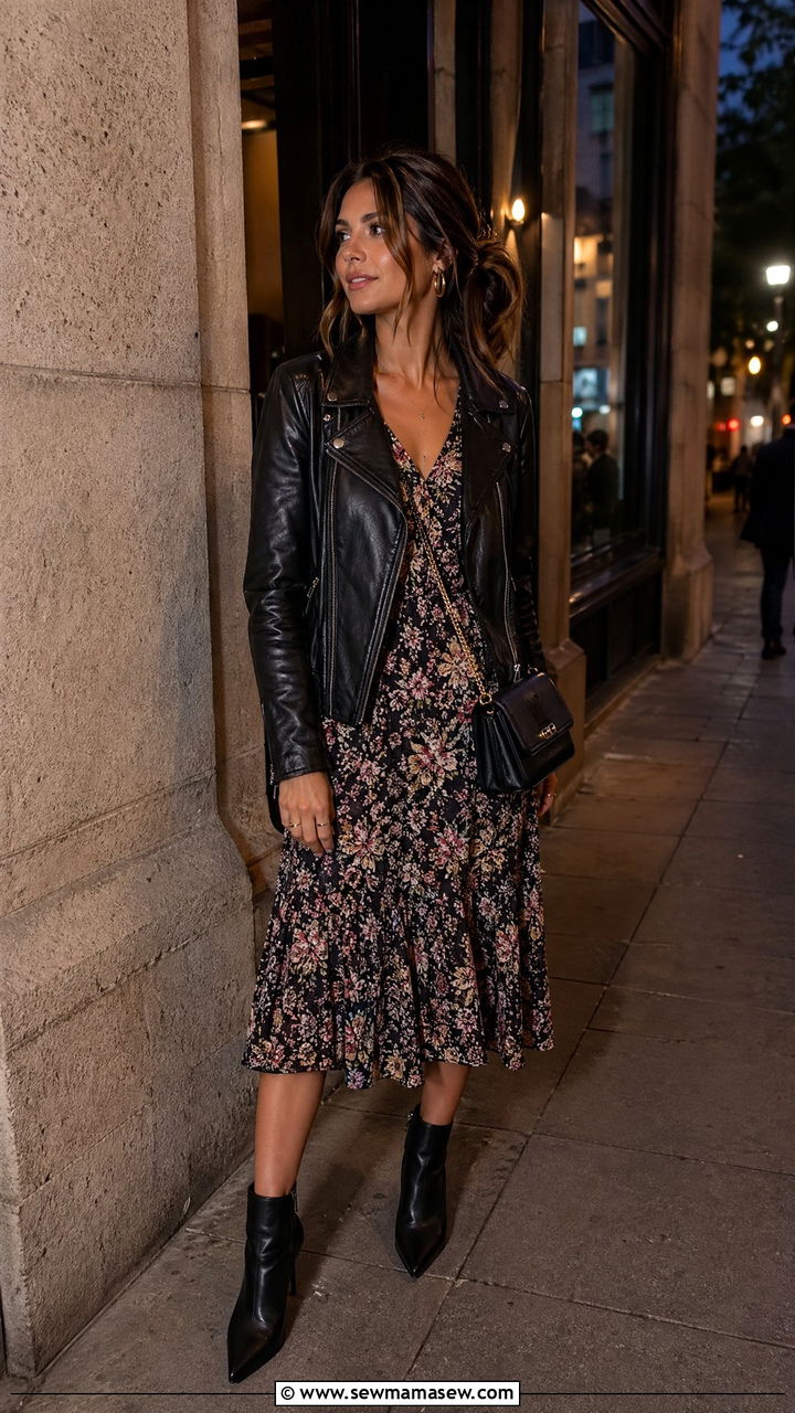 Leather Jacket With Floral Midi Dress And Pointed Ankle Boots - 35 classy summer to fall outfits
