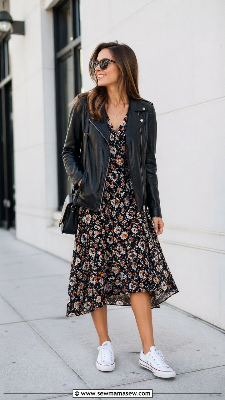Leather Jacket With Flowy Dress and Canvas Sneakers - 30 sneaker outfits for women