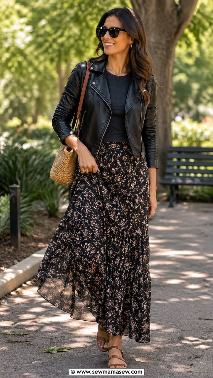Leather Jacket With Flowy Maxi Skirt And Flat Sandals - 30 spring leather jacket outfit ideas