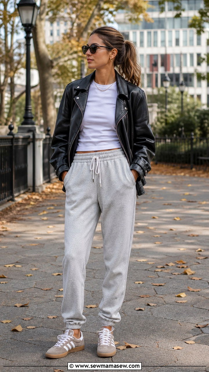 Leather Jacket With Joggers and Retro Sneakers - 30 Sporty chic outfit ideas with sneakers