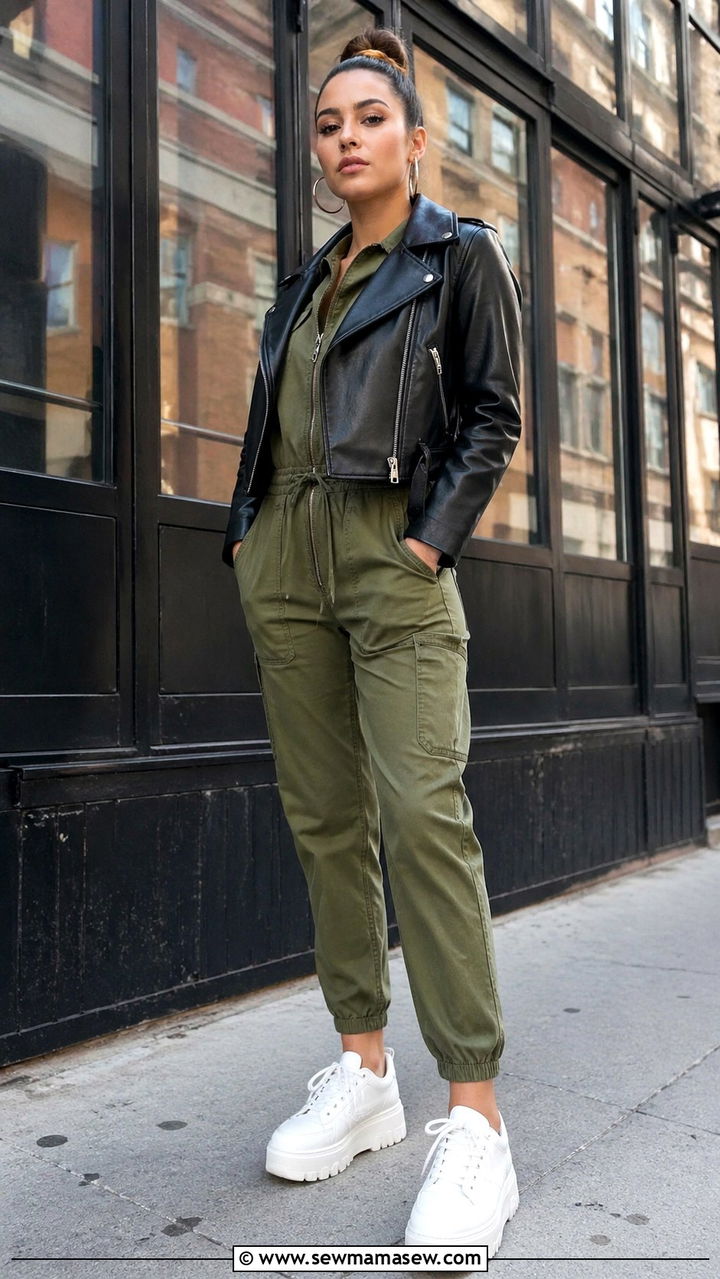 Leather Jacket With Jumpsuit And Platform Sneakers - 30 spring leather jacket outfit ideas