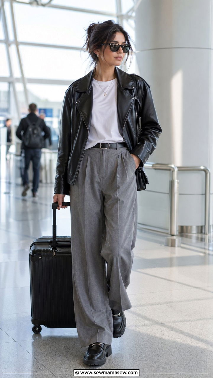 Leather Jacket With T Shirt And Wide Leg Pants - 35 classy airport outfits