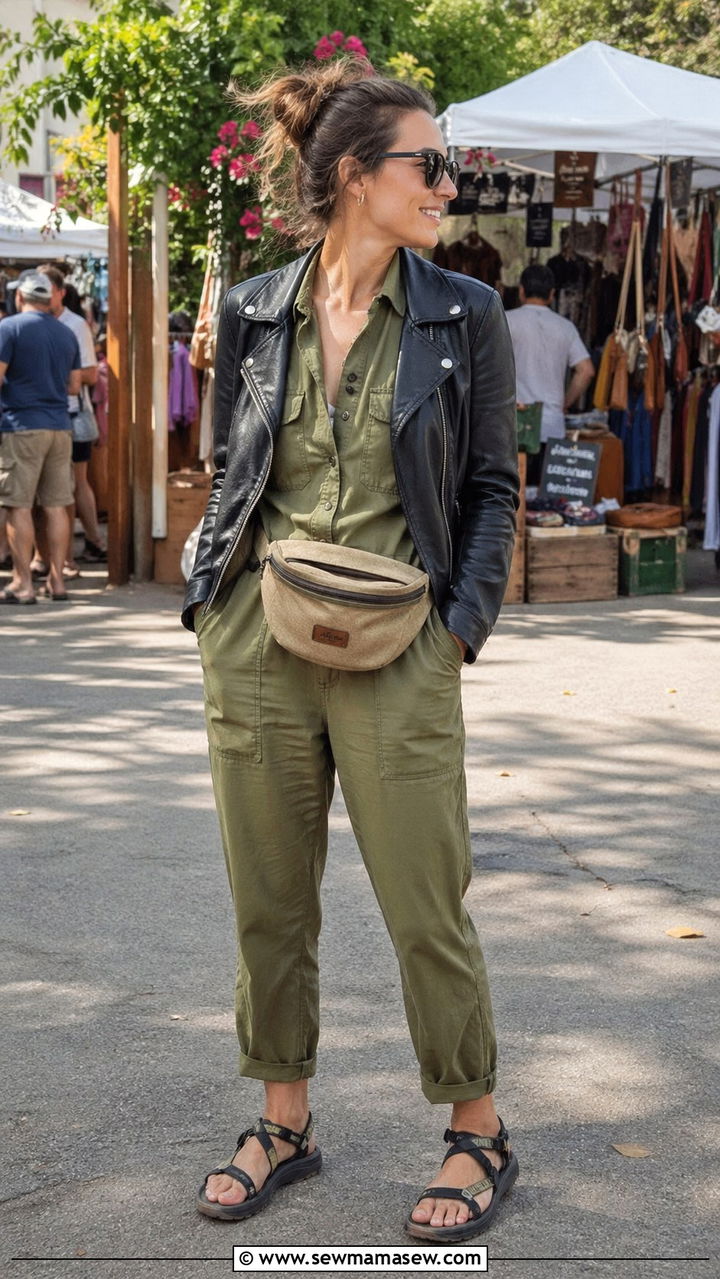 Leather Jacket With Utility Jumpsuit And Hiking Sandals - 30 spring leather jacket outfit ideas