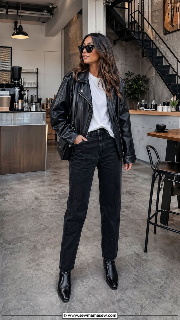 Leather Jacket With White Tee And Black Jeans Outfit - 35 Sunday brunch outfit ideas