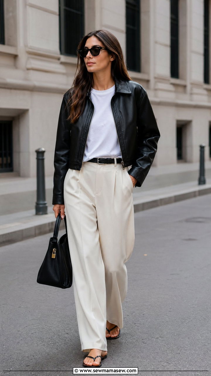 Leather Jacket With White Tee And Fluid Trousers - 35 spring quiet luxury outfit ideas
