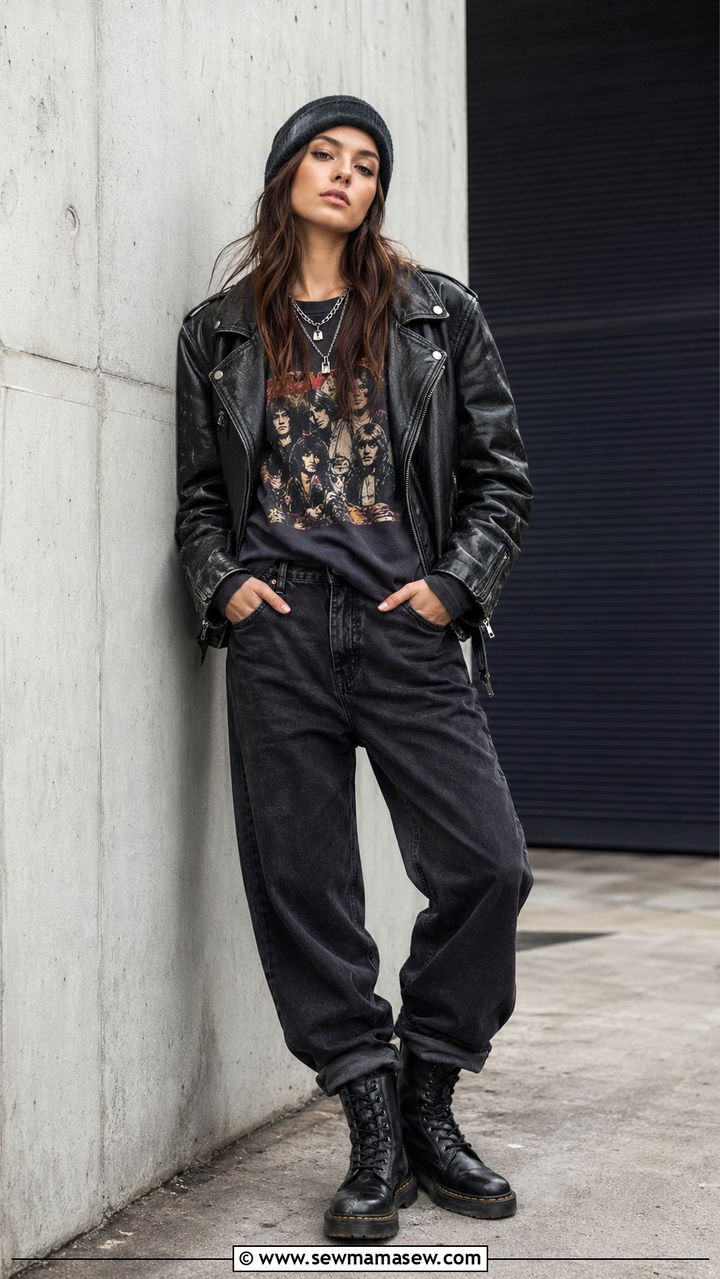 Leather Jacket and Band Tee with Black Jeans - 30 Skater outfit ideas