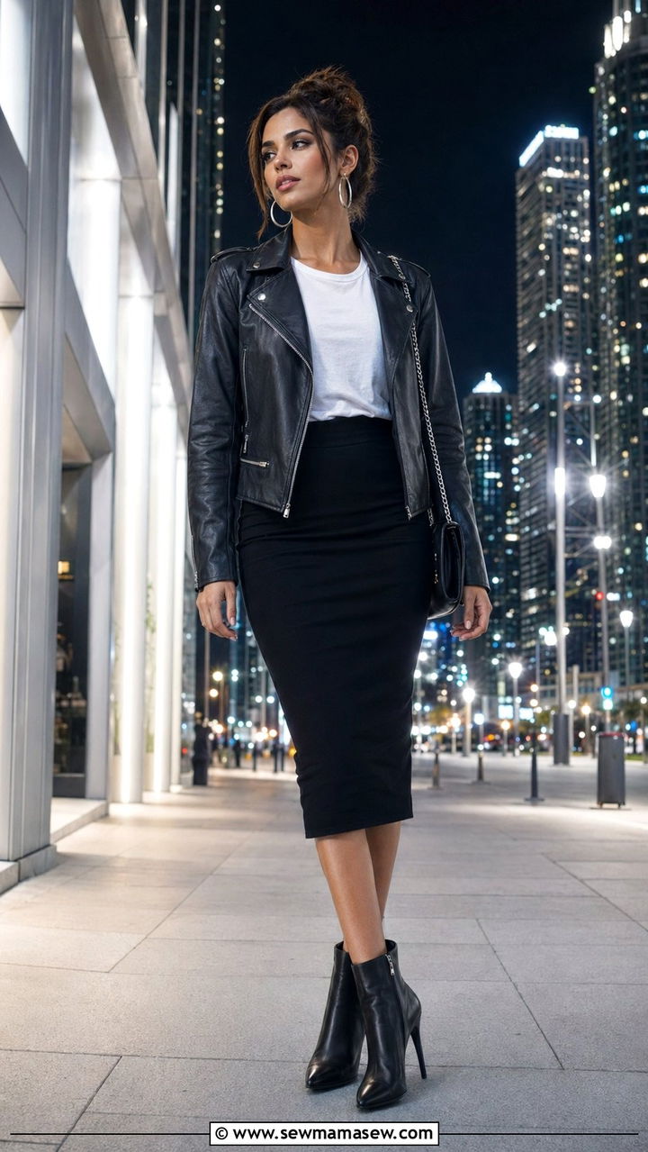 Leather Jacket and Black Pencil Skirt - 35 pencil skirt outfits ideas
