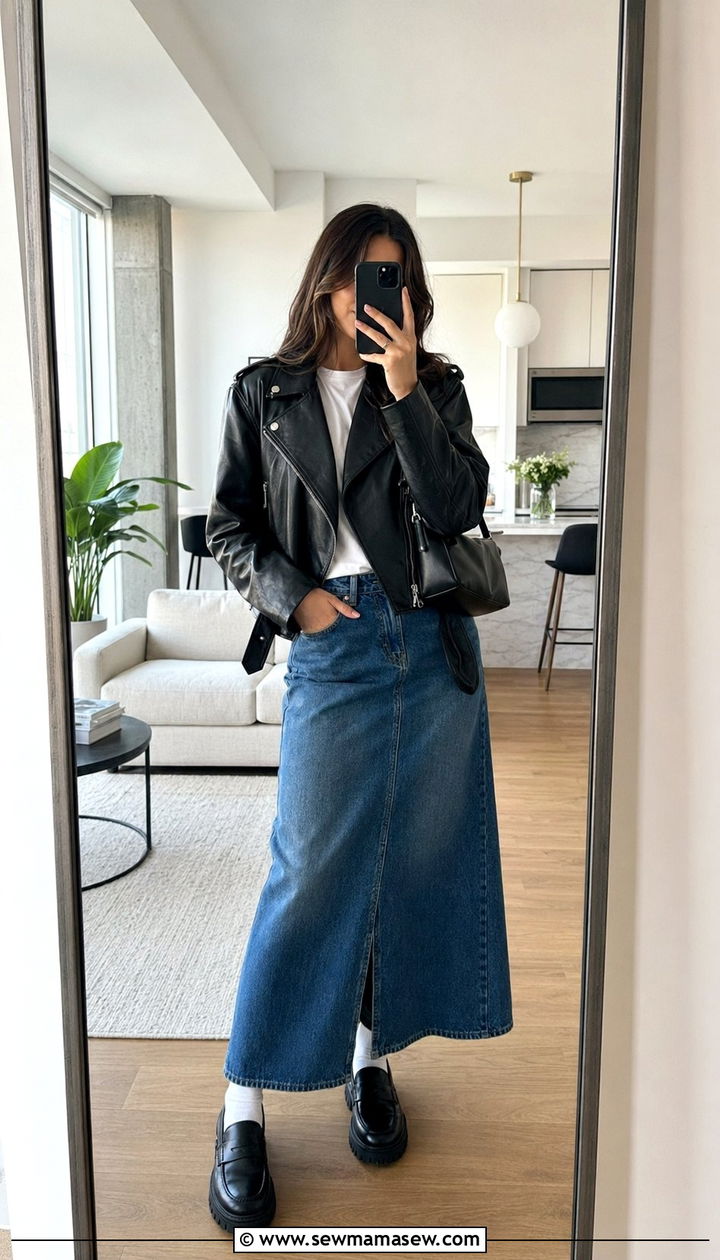 Leather Jacket and Denim Skirt Outfit - 35 Outfit ideas for women in their 20s
