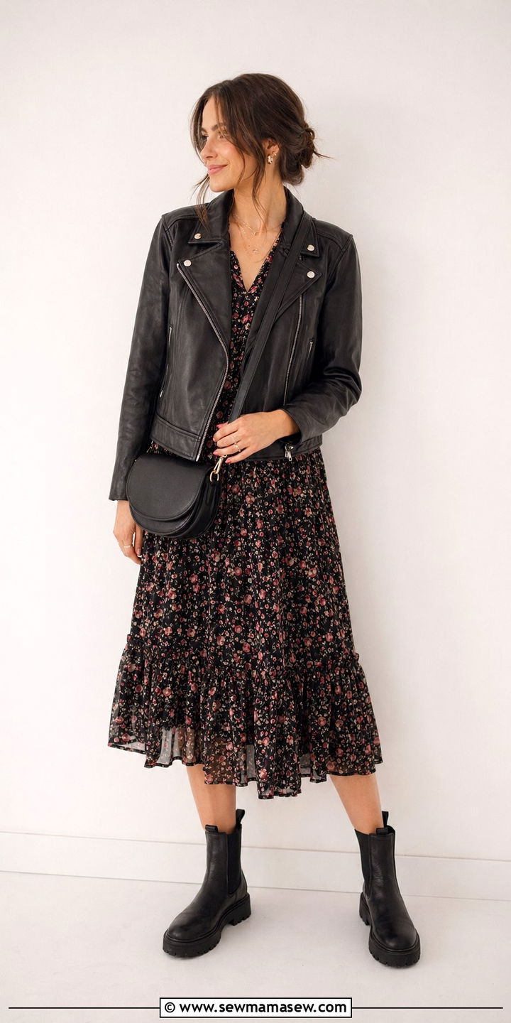 Leather Jacket and Floral Dress - 30 Weekend brunch outfit ideas
