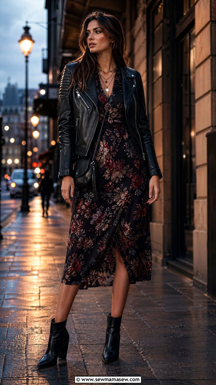 Leather Jacket and Floral Midi Dress Outfit for Tall Women - 35 Cute outfits for tall women