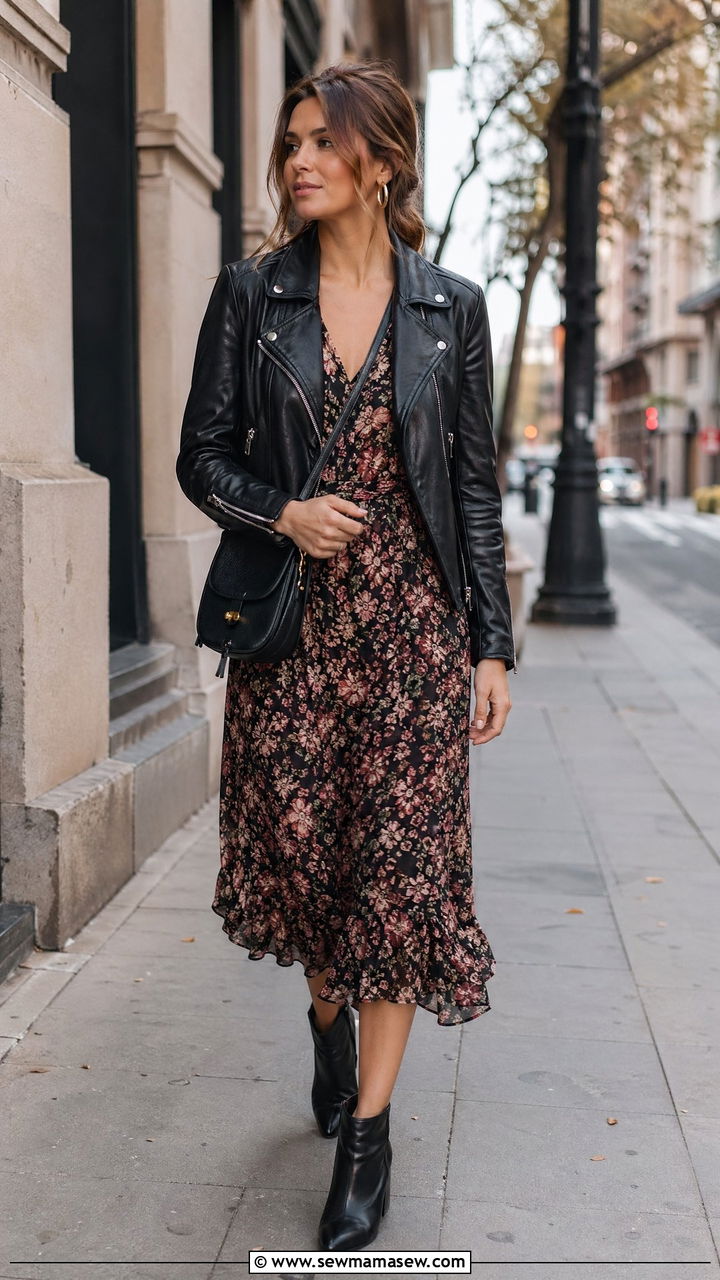 Leather Jacket and Floral Midi Dress Outfit - 35 transitional classy outfit ideas