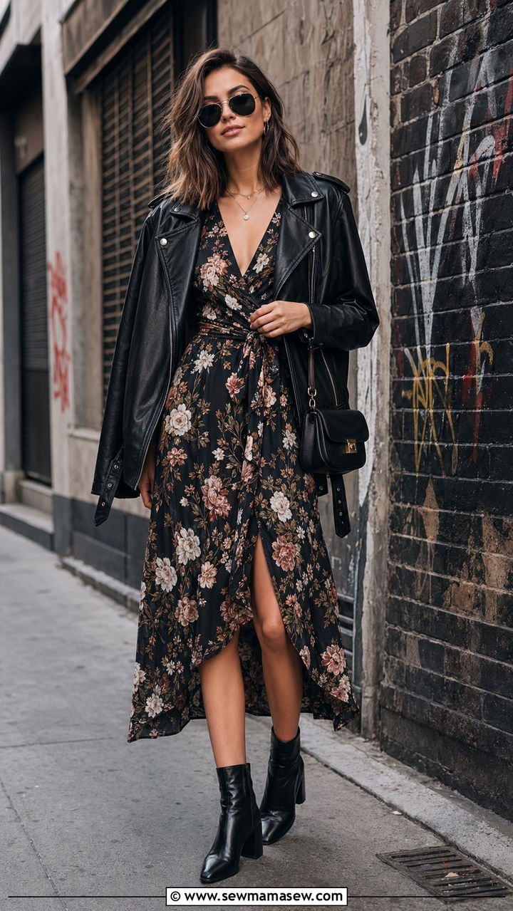 Leather Jacket and Floral Midi Dress - 30 Aesthetic spring outfits